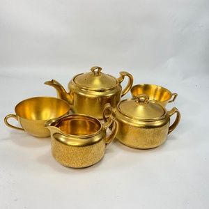 Gold Pickard Etched Bone China 24KG Tea Set Pot Sugar Creamer Cup Hand Painted